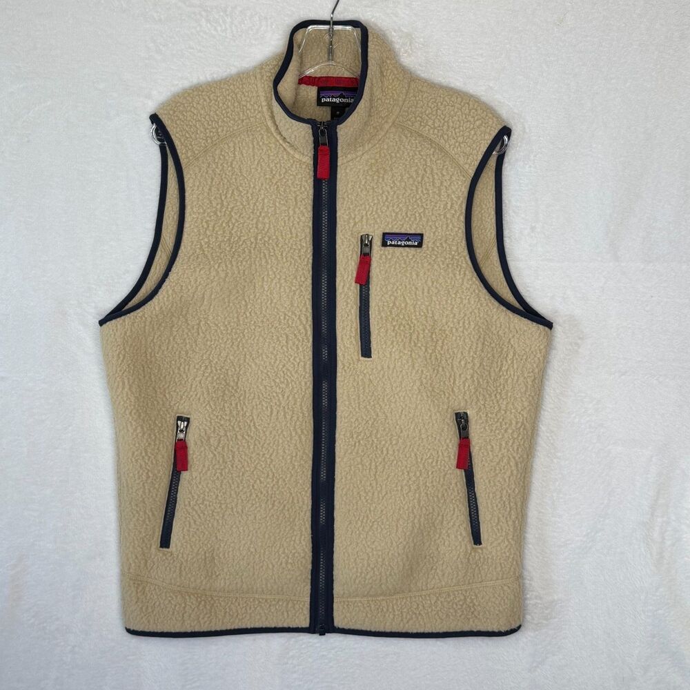 Patagonia Retro Pile Vest Mens Medium Beige Fleece Blue Trim Full Zip #22821